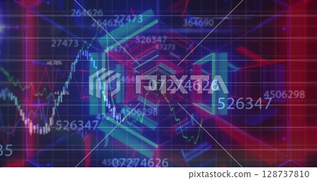 Displaying central hexagonal frames over digital grid, with numeric labels and candlestick bars 128737810