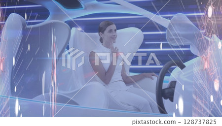 Image of data processing and connections over caucasian woman in modern car 128737825