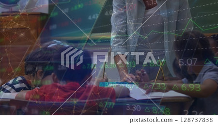 Image of connections over diverse students learning at school Image of connections over diverse students learning at school 128737838