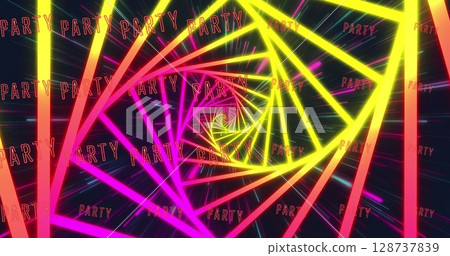 Image of party text and colorful neon lines on black background 128737839