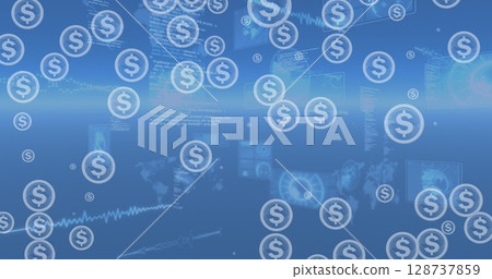 Image of financial data processing over blue background Image of financial data processing over blue background 128737859