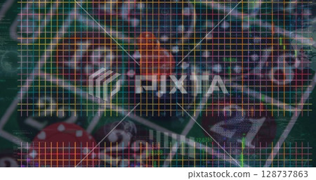 Displaying roulette wheel and betting table with chips, grid overlay in casino, with numeric data 128737863