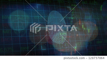 Displaying fingerprint line scanning on security screen, with stock grid and candlestick chart 128737864