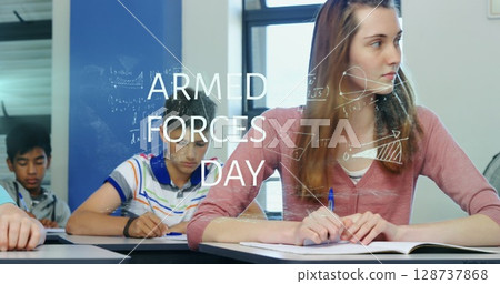 Teenage girl in pink sweater looking off to side in classroom, with math equations, copy space Teenage girl in pink sweater looking off to side in classroom, with math equations, copy space 128737868