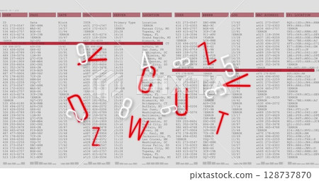 Image of falling data processing over falling numbers and letters Image of falling data processing over falling numbers and letters 128737870
