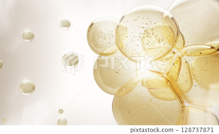 3d background with oil drops texture, omega bubbles, gold liquid transparent droplets. Cosmetic skin care product, serum, collagen gel, hyaluronic essence. Honey or yellow water balls. 3D illustration 128737871