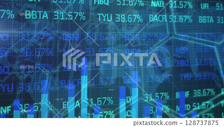Showing finance dashboard on screen, with bar charts, tickers, line overlays, world map and grid Showing finance dashboard on screen, with bar charts, tickers, line overlays, world map and grid 128737875