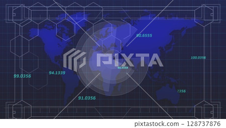 Scanning circular overlay rotating over digital world map on dashboard, with teal numeric labels Scanning circular overlay rotating over digital world map on dashboard, with teal numeric labels 128737876