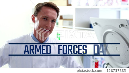 Image of text covid neon with technology people and networks over caucasian male doctor Image of text covid neon with technology people and networks over caucasian male doctor 128737885