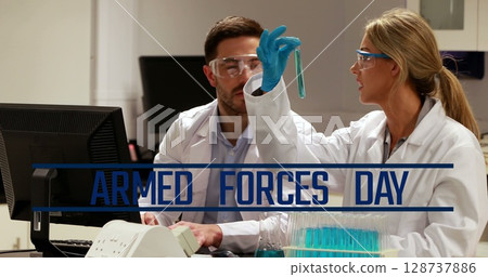 Image of scientific data processing over office workers wearing headsets Image of scientific data processing over office workers wearing headsets 128737886
