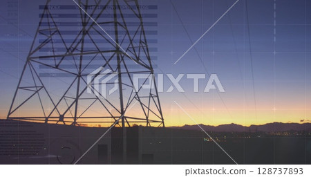 Image of financial data and graphs over cityscape and line 128737893