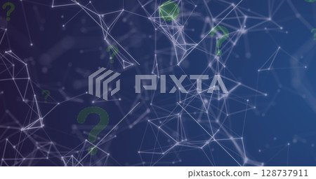 Network of connections and multiple green question mark icon floating against blue background 128737911