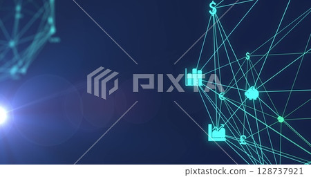 Two globes of digital icons spinning and spot of light against copy space on blue background Two globes of digital icons spinning and spot of light against copy space on blue background 128737921