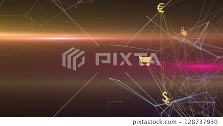 Showing network connections in digital space, with cart, Euro, US dollar, padlock icons, copy space 128737930