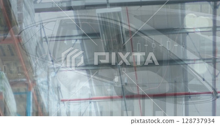 Image of statistical data processing over warehouse against a person sitting in a car Image of statistical data processing over warehouse against a person sitting in a car 128737934