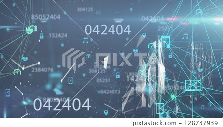 Image of changing numbers over globes of digital icons spinning against blue background Image of changing numbers over globes of digital icons spinning against blue background 128737939