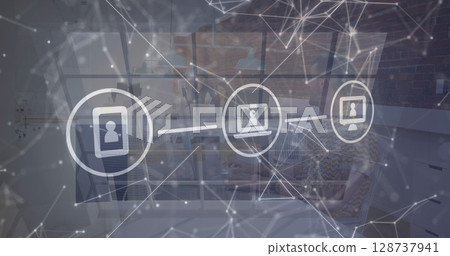 Image of digital icons and network of connections against empty office Image of digital icons and network of connections against empty office 128737941