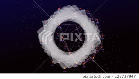 Abstract geometrical shape and globe of digital icons spinning against blue background 128737947