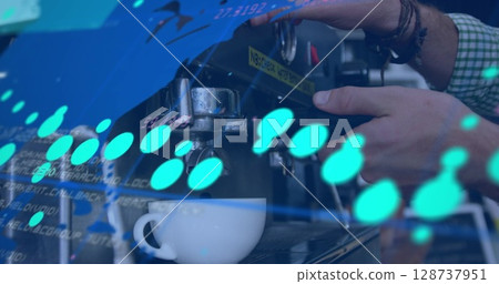 Image of data processing over world map against mid section of barista using coffee machine Image of data processing over world map against mid section of barista using coffee machine 128737951