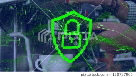 Image of digital interface over barista is making coffee 128737965