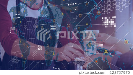 Image of digital interface over barista is making coffee Image of digital interface over barista is making coffee 128737970