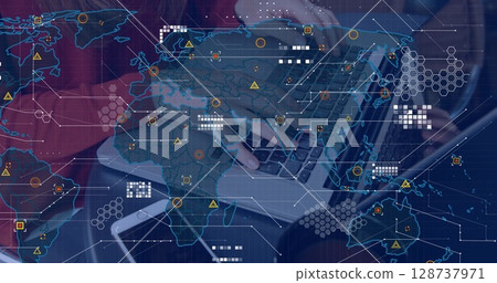Image of world map over person using laptop 128737971