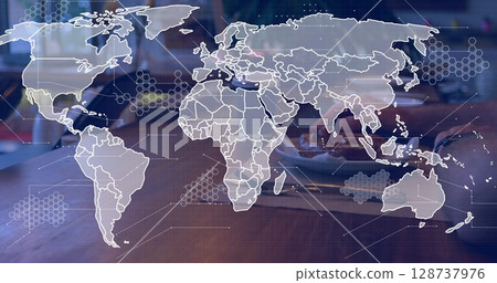 Image of world map over people in the cafe 128737976