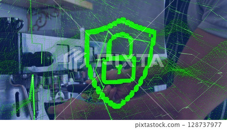 Image of security padlock and green light trails over caucasian barista using coffee machine 128737977