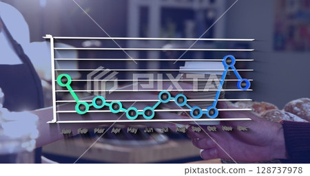 Image of statistical data processing over mid section of male waiter serving coffee at a cafe 128737978