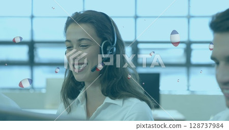 Image of balls with flag of france with diverse business people using phone headsets 128737984