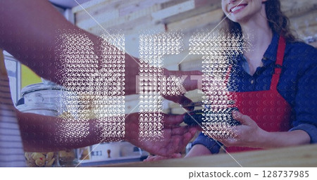 Image of nft over hands of male customer and caucasian waitress using payment terminal 128737985