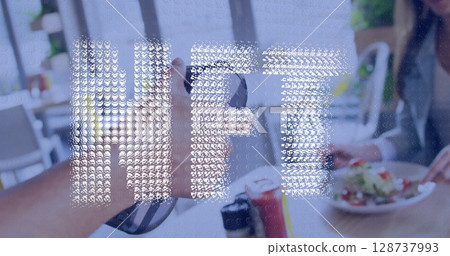 Image of world map and data processing over hand of caucasian man using smartphone 128737993