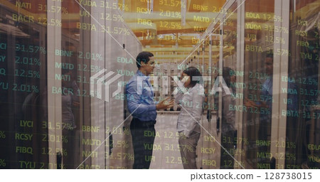 Image of data processing over workers in server room Image of data processing over workers in server room 128738015