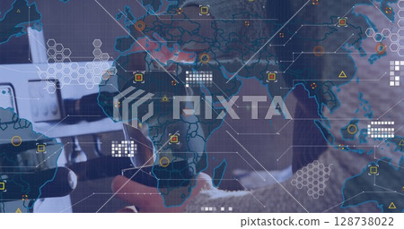 Image of data processing and world map over mid section of male barista preparing coffee at cafe 128738022
