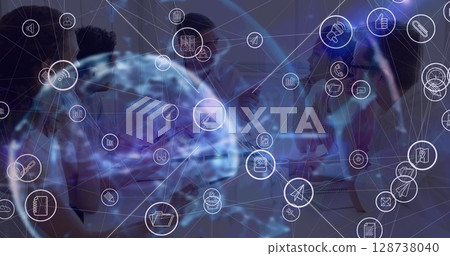 Image of network of connections with icons over globe 128738040