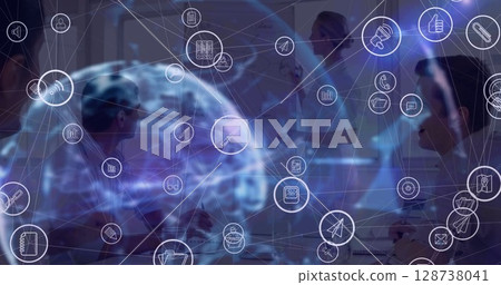 Network of digital icons over businesswoman giving a presentation in meeting room at office Network of digital icons over businesswoman giving a presentation in meeting room at office 128738041
