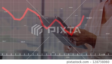 Executive using tablet in office, with red line chart overlay, numeric labels, grid, copy space Executive using tablet in office, with red line chart overlay, numeric labels, grid, copy space 128738060
