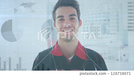 Image of data processing over caucasian male doctor 128738071