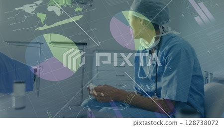 Image of statistical data processing over stressed female health worker at hospital 128738072