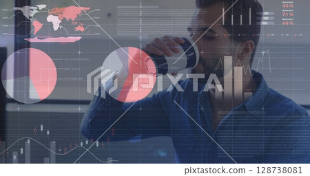 Image of data processing over caucasian businessman drinking coffee Image of data processing over caucasian businessman drinking coffee 128738081