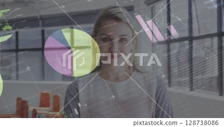 Image of data processing over caucasian businesswoman smiling 128738086
