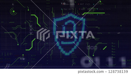 Security padlock icon and microprocessor connections against data processing on blue background Security padlock icon and microprocessor connections against data processing on blue background 128738139