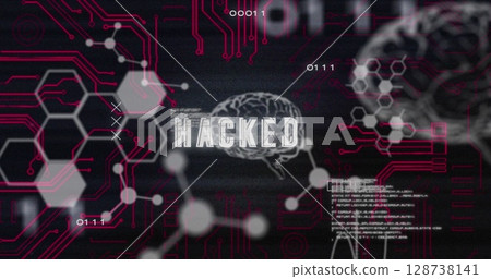 Hacked text and microprocessor connections against medical data processing on black background Hacked text and microprocessor connections against medical data processing on black background 128738141