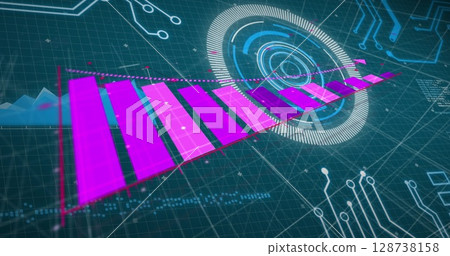 Image of financial graph over data processing on blue background 128738158