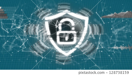 Image of network of connections and security padlock over blue background 128738159