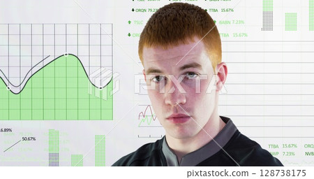Portrait of caucasian male rugby player over statistical data processing against white background Portrait of caucasian male rugby player over statistical data processing against white background 128738175