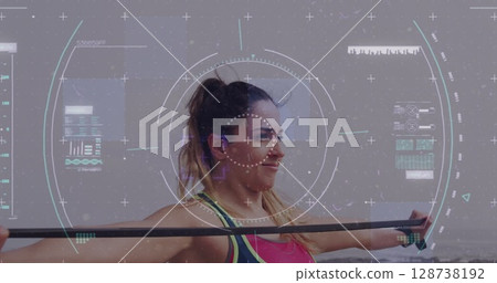 Image of digital interface over caucasian woman exercising 128738192