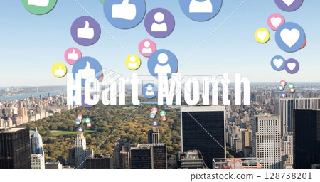 Image of heart month text and falling social media icons over cityscape Image of heart month text and falling social media icons over cityscape 128738201