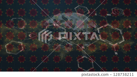 Image of virus cell icons over brain and molecules 128738211