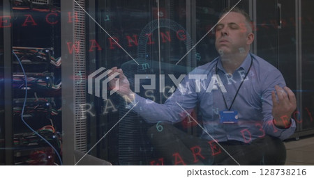 Image of data processing over caucasian server room worker 128738216